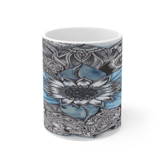 White glossy mug - Blue Sunflower (104) Design