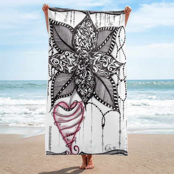 Beach/Bath Towel (30x60) - Zen Red Heart Flower (010) Design